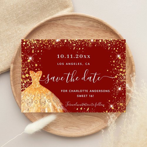 Sweet 16 red gold dress glamorous save the date