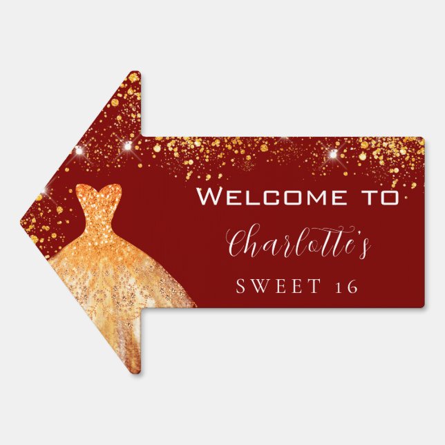 Sweet 16 red gold dress glitter arrow sign (Front)