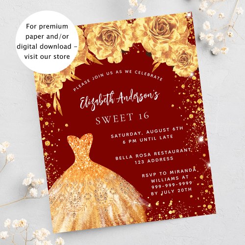 Sweet 16 red gold dress rose budget invitation