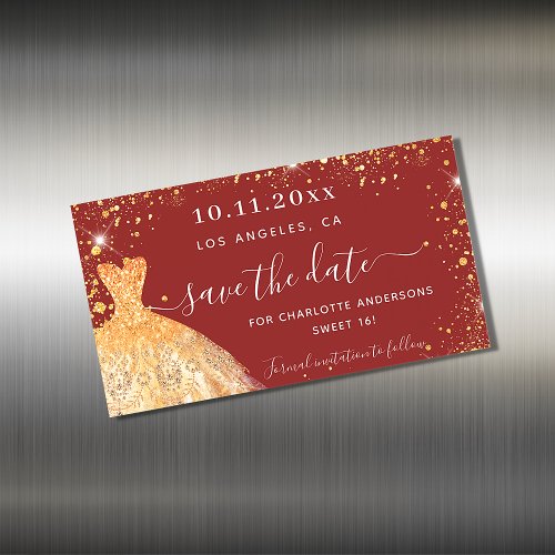 Sweet 16 red gold dress save the date magnet