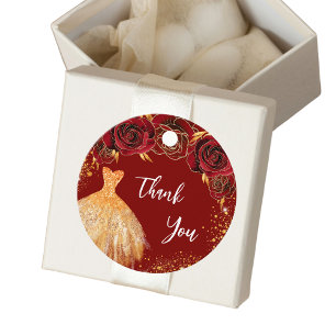 Sweet 16 red gold dress thank you favor tags