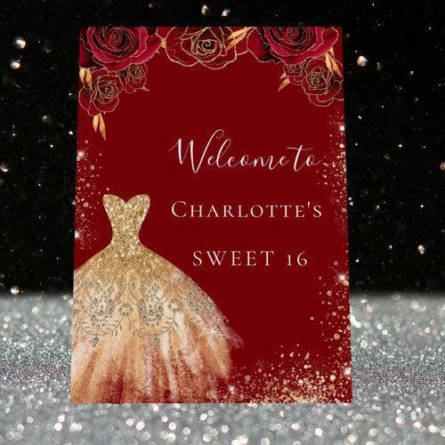 Sweet 16 red gold florals dress glamorous welcome foam board