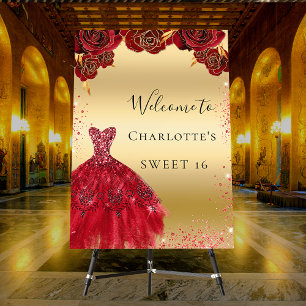 Sweet 16 red gold florals dress glamorous welcome foam board