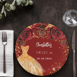 Sweet 16 red gold glitter dress floral paper plates<br><div class="desc">For a Sweet 16,  16th birthday party.  A red background with faux gold glitter dust,  a golden dress and red roses,  florals.  The name is written with a modern hand lettered style script.  Personalize and add your name and a date.</div>