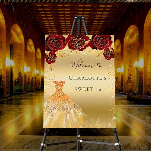 Sweet 16 red gold glitter dress floral welcome foam board