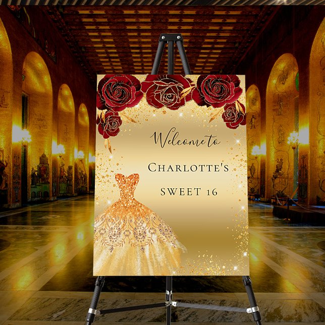 Sweet 16 red gold glitter dress floral welcome foam board (Creator Uploaded)