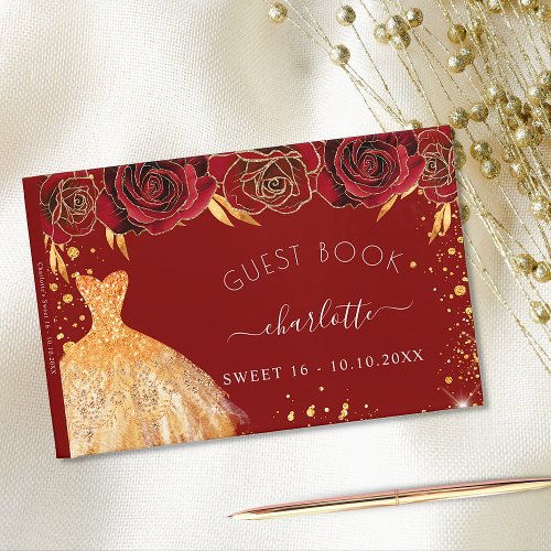Sweet 16 red gold glitter dress flowers guest book
