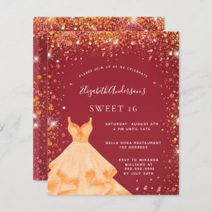 Sweet 16 red gold glitter dress invitation