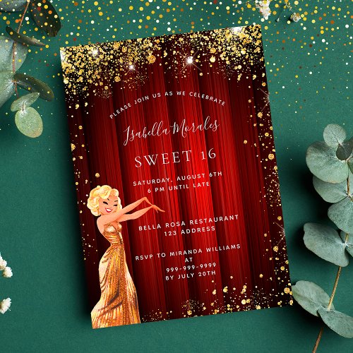 Sweet 16 red gold glitter dress movie luxury invitation