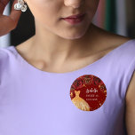 Sweet 16 red gold glitter dress name button<br><div class="desc">For a Sweet 16,  16th birthday party.  A red background with faux gold glitter,  a dress and red roses,  florals.  The name is written with a modern hand lettered style script.  Personalize and add a name and date.</div>