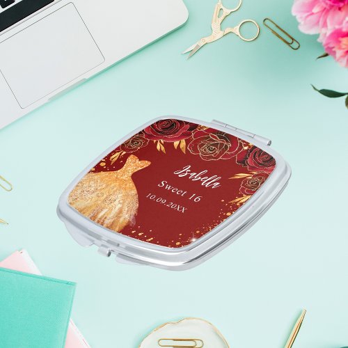 Sweet 16 red gold glitter dress name compact mirror
