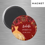 Sweet 16 red gold glitter dress name magnet<br><div class="desc">For a Sweet 16,  16th birthday party.  A red background with faux gold glitter,  a dress and red roses,  florals.  The name is written with a modern hand lettered style script.  Personalize and add a name and date.</div>