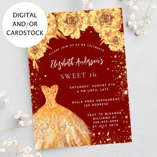 Sweet 16 red gold glitter dress roses invitation