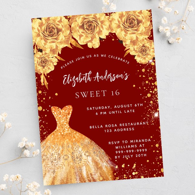 Sweet 16 red gold glitter dress roses invitation postcard (Creator Uploaded)