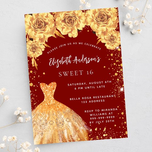 Sweet 16 red gold glitter dress roses luxury invitation