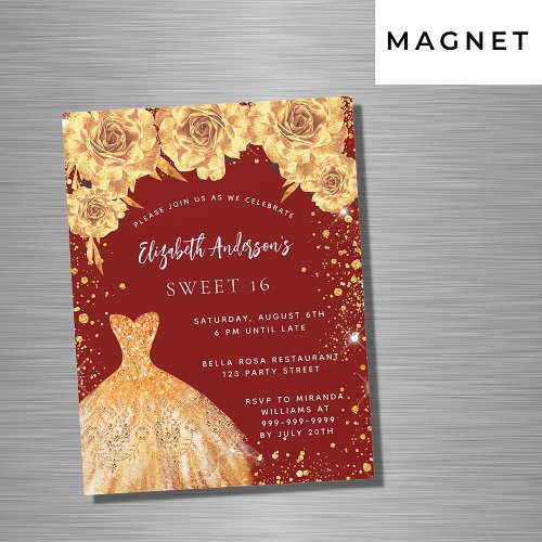 Sweet 16 red gold glitter dress roses luxury magnetic invitation