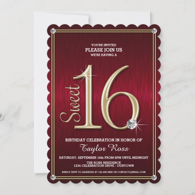 Sweet 16 Red/Gold Metallic Look Party Invitations (Front)