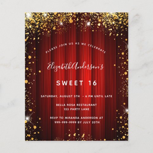 Sweet 16 red gold movie theater budget invitation flyer