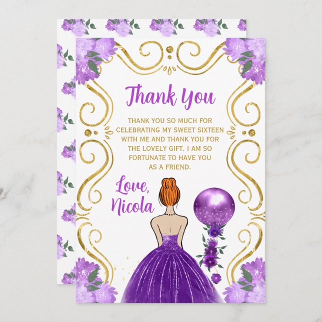 Sweet 16 Red Hair Princess Purple Happy Birthday Thank You Card (Front/Back)