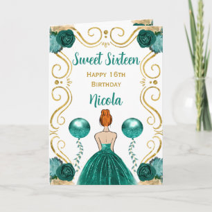 Sweet 16 Red Hair Princess Teal Happy Birthday Card