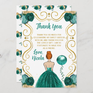 Sweet 16 Red Hair Princess Teal Thank You Card