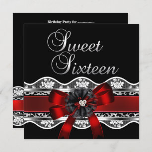 Sweet 16 Red Lace Silver Black Leopard Birthday Invitation