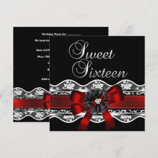 Sweet 16 Red Lace Silver Black Leopard Birthday Invitation