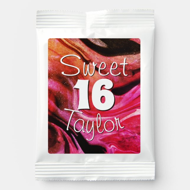 Sweet 16 Red & Orange Marble Personalized Hot Chocolate Drink Mix (Front)