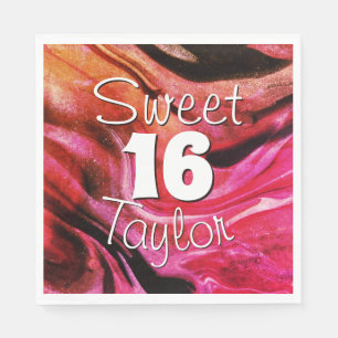 Sweet 16 Red & Orange Marble Personalized Napkins