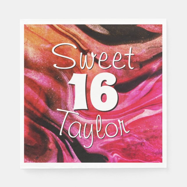 Sweet 16 Red & Orange Marble Personalized Napkins (Front)