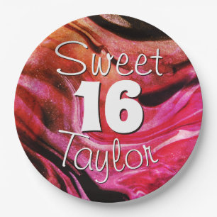 Sweet 16 Red & Orange Marble Personalized Paper Plates