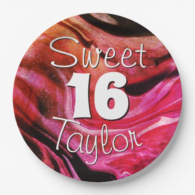 Sweet 16 Red & Orange Marble Personalized Paper Plates (Front)