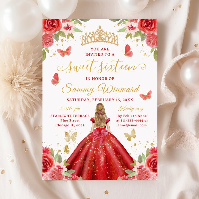 Sweet 16 Red Princess Blonde Girl Invitation (Creator Uploaded)