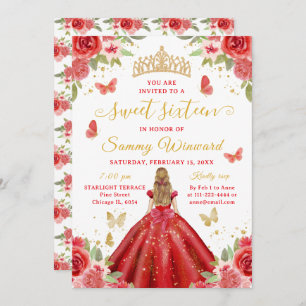 Sweet 16 Red Princess Blonde Girl Invitation