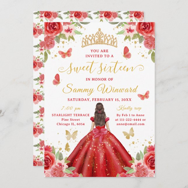 Sweet 16 Red Princess Brunette Girl Invitation (Front/Back)