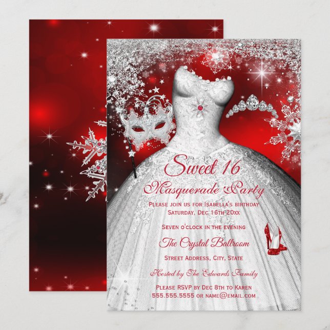 Sweet 16 Red Princess Masquerade Silver Party Invitation (Front/Back)