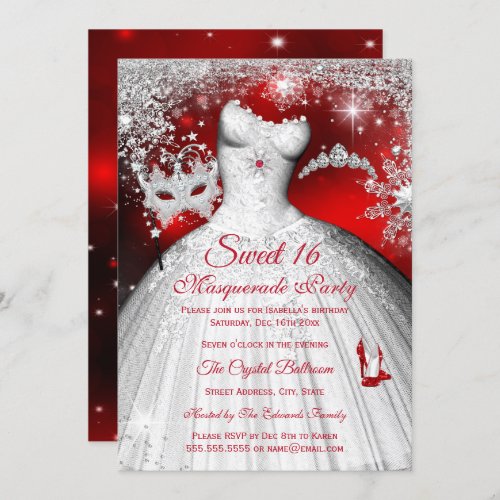 Sweet 16 Red Princess Masquerade Silver Party Invitation