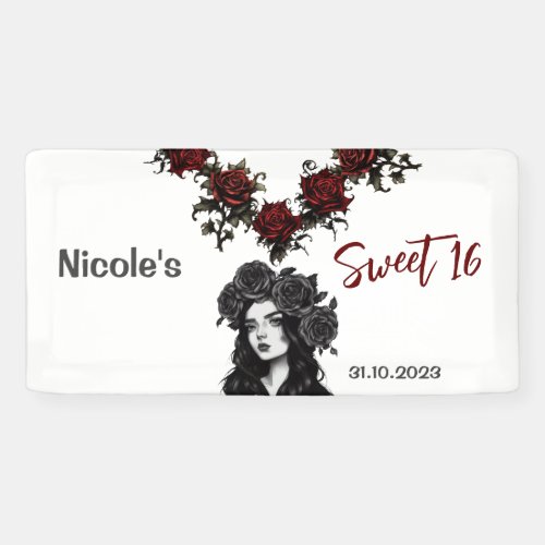 Sweet 16 Red Rose Gothic Girl BlackWhite Party Banner