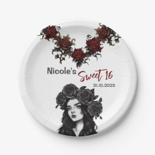Sweet 16 Red Rose Gothic Girl BlackWhite Party Paper Plates