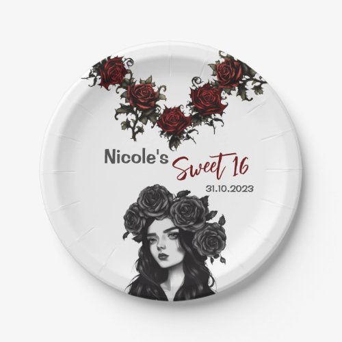 Sweet 16 Red Rose Gothic Girl BlackWhite Party Paper Plates