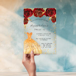 Sweet 16 red roses gold dress glitter clear acrylic invitations<br><div class="desc">For an elegant Sweet 16. A clear,  transparent background. Decorated with red roses,  gold sparkles and a golden dress.  Personalize and add your name and party details.</div>