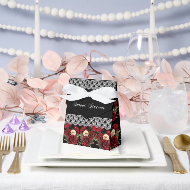  Sweet 16 Red Roses White Lace Sparkle Favor Boxes (Wedding)