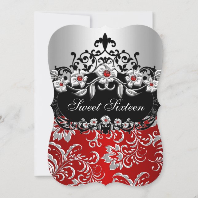 Sweet 16 Red Silver Black Floral Jewel Party Invitation (Front)