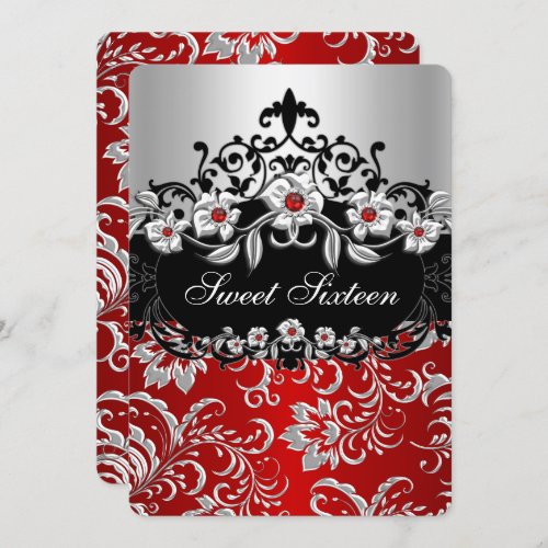 Sweet 16 Red Silver Black Floral Jewel Party Invitation