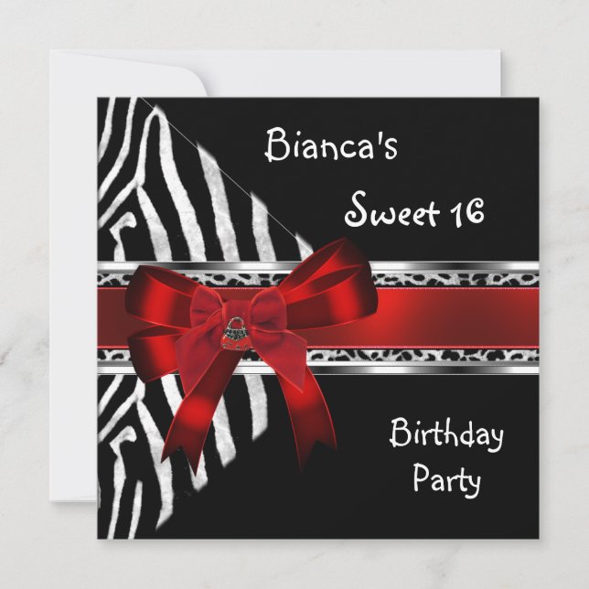 Sweet 16 Red Silver Black Zebra Leopard Birthday Invitation (Front)