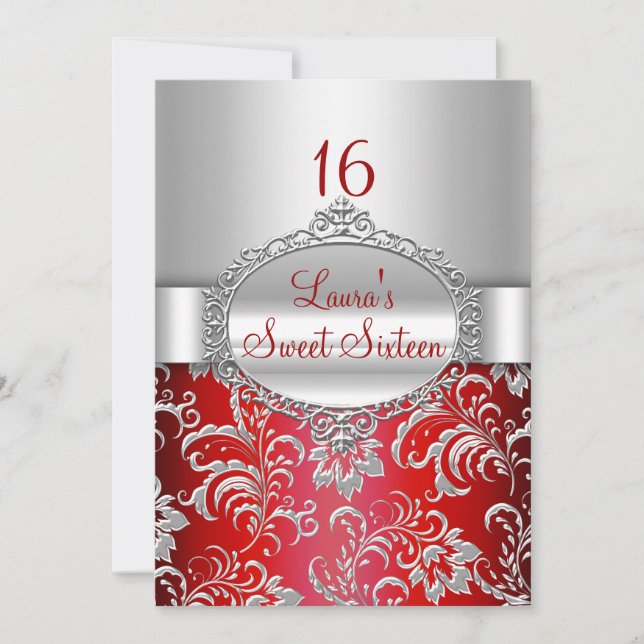Sweet 16 Red & Silver Floral Announcements (Front)