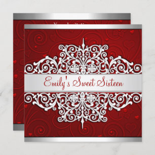 Sweet 16 Red Silver Floral Love Birthday Party Invitation