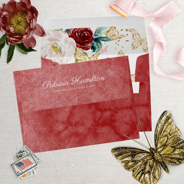 Sweet 16 Red Watercolor Butterfly Floral Envelope (Creator Uploaded)