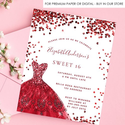 Sweet 16 red white dress budget party invitation