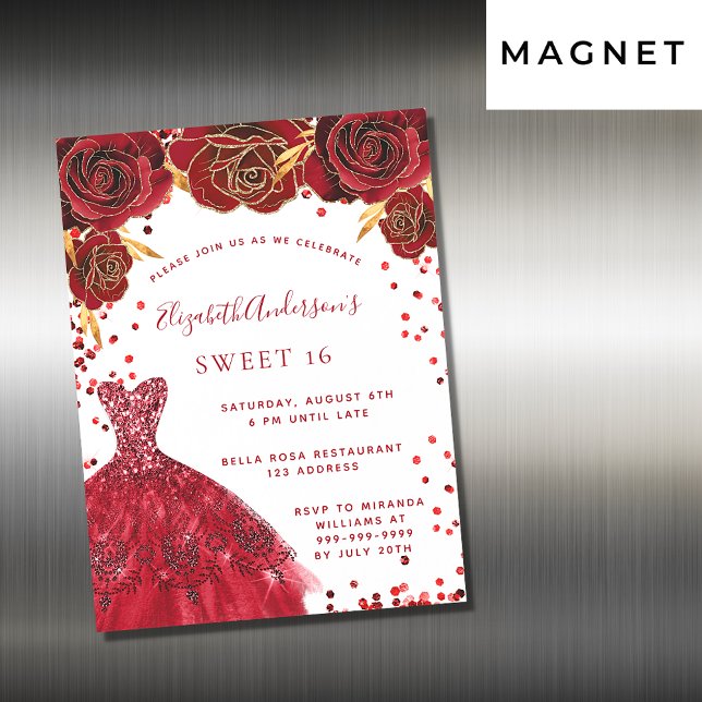 Sweet 16 red white dress luxury magnetic invitation (Creator Uploaded)